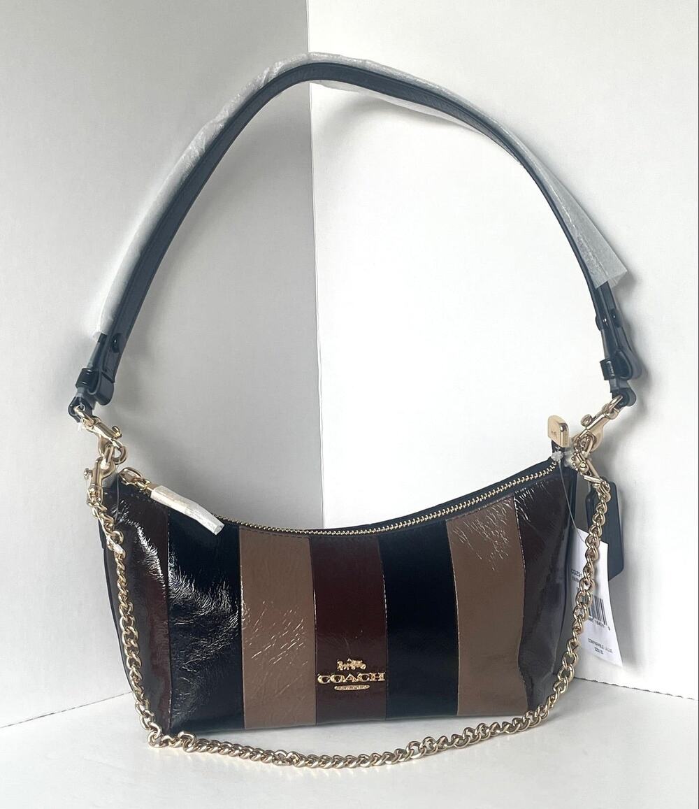 Coach Caitlin Black Striped Patchwork Leather Chain Shoulder Bag CDB12